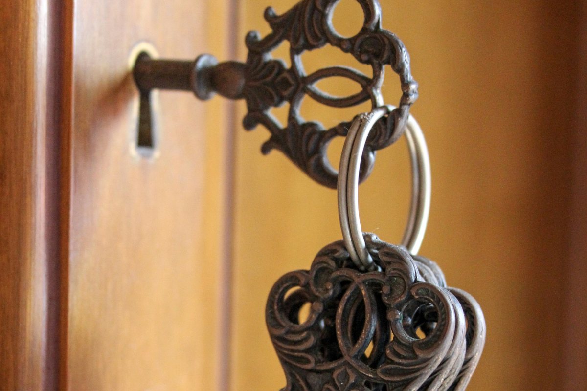 A cluster of ornate vintage keys hanging from a lock on a warm wooden door, soft golden light