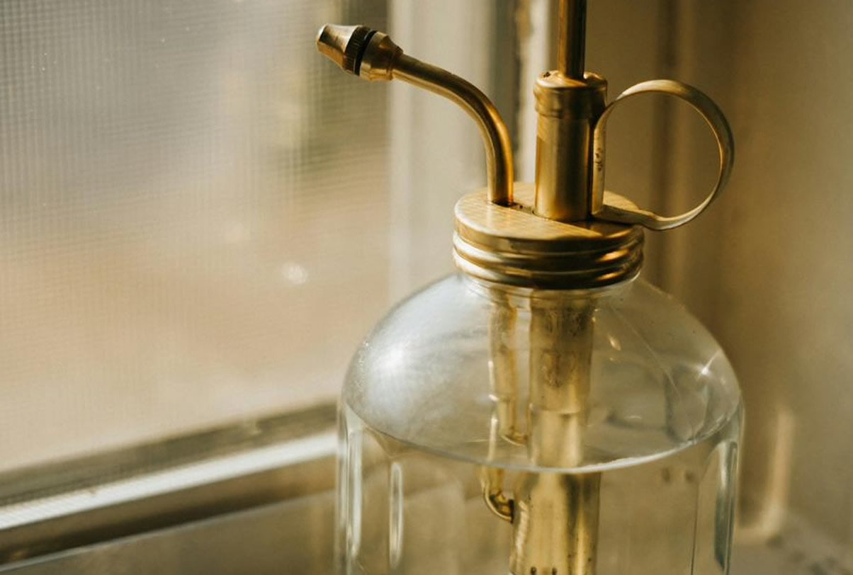 A vintage brass plant mister resting on a sunlit windowsill, warm light filtering through the glass