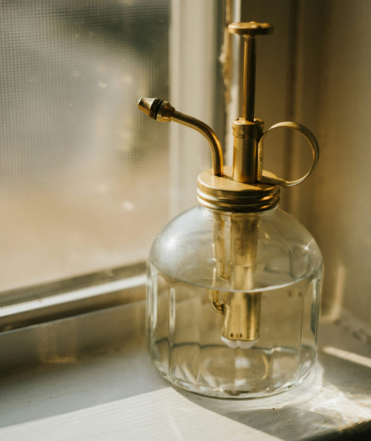 A vintage brass plant mister resting on a sunlit windowsill, warm light filtering through the glass